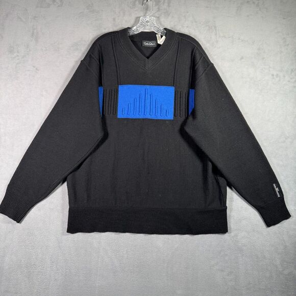 VTG Carlo Colucci‎ Sweater Mens Size 52/ L Black Blue 3D Knit Wool Blend Cosby